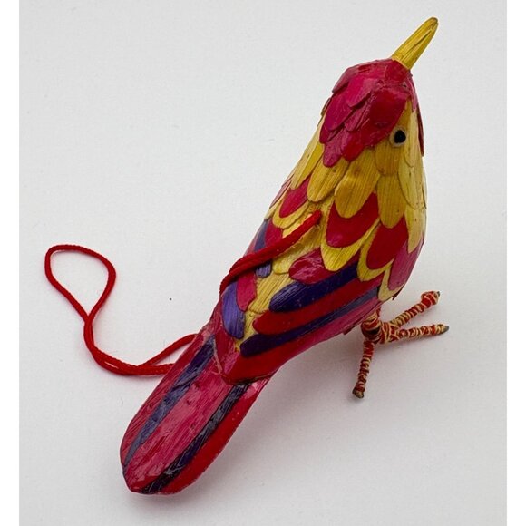 Vintage Wheatstraw Bird Christmas Tree Ornament Tropical Pink Yellow - Picture 2 of 8